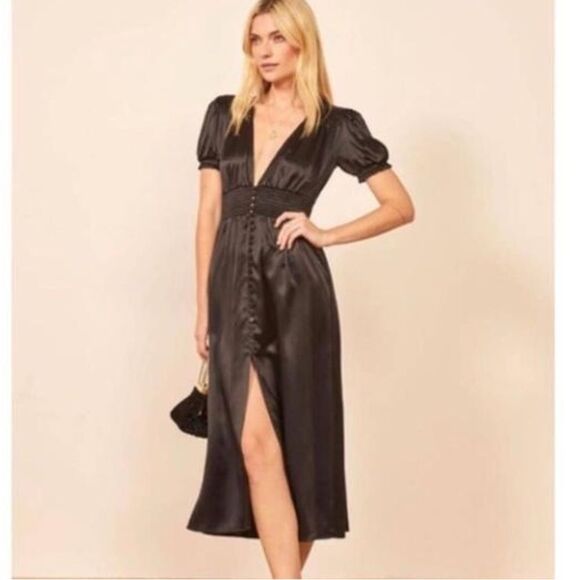 Reformation 100% Silk Black Deep V Smocked Waist Alexea Midi Dress Size 2 - Picture 1 of 8